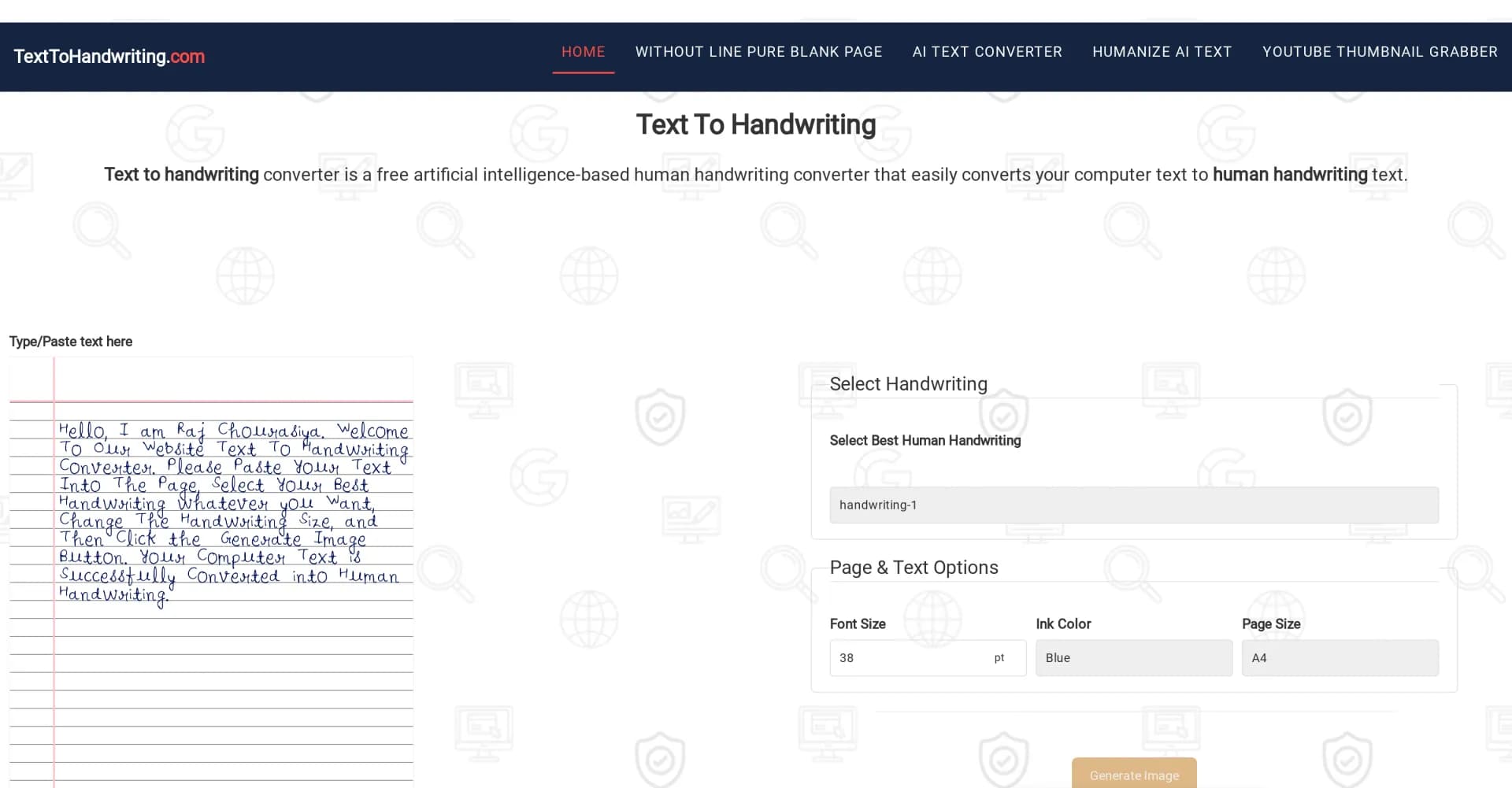 Text To Handwriting homepage screenshot — Transform digital text into lifelike handwriting.