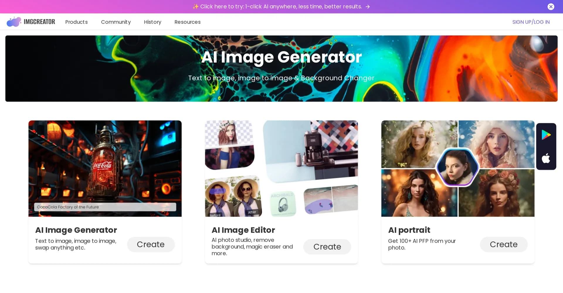 AI Image Generator - ImgCreator.AI homepage screenshot — Create any image using just text
