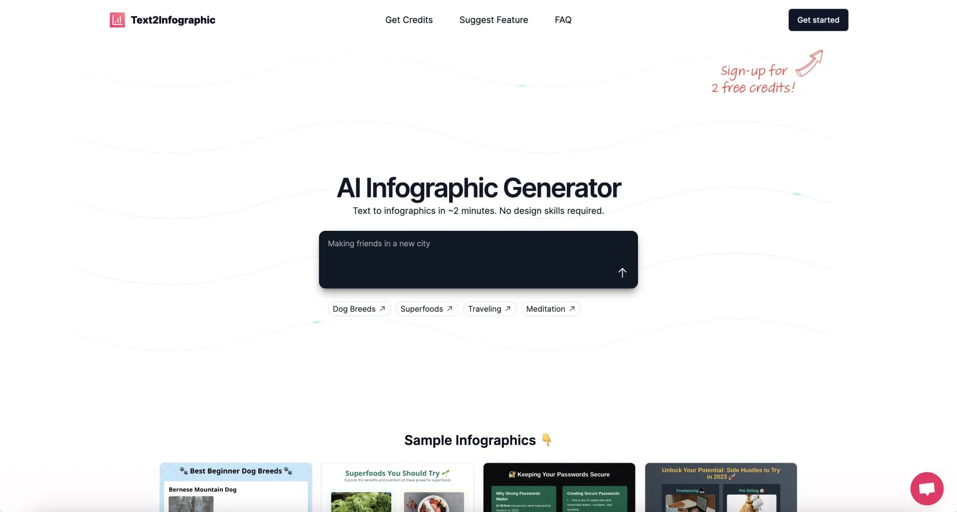 Text to Infographic homepage screenshot — Turn your text into visuals in minutes.