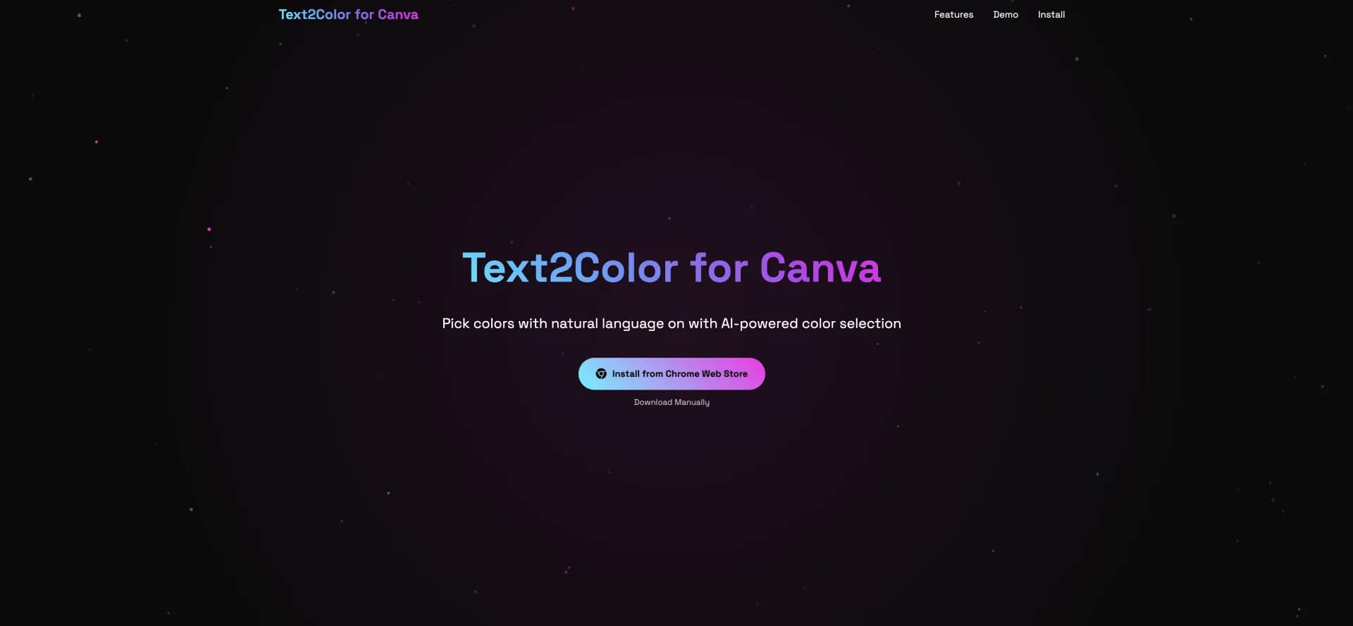 Text2Color for Canva homepage screenshot — Transform words into stunning colors with AI