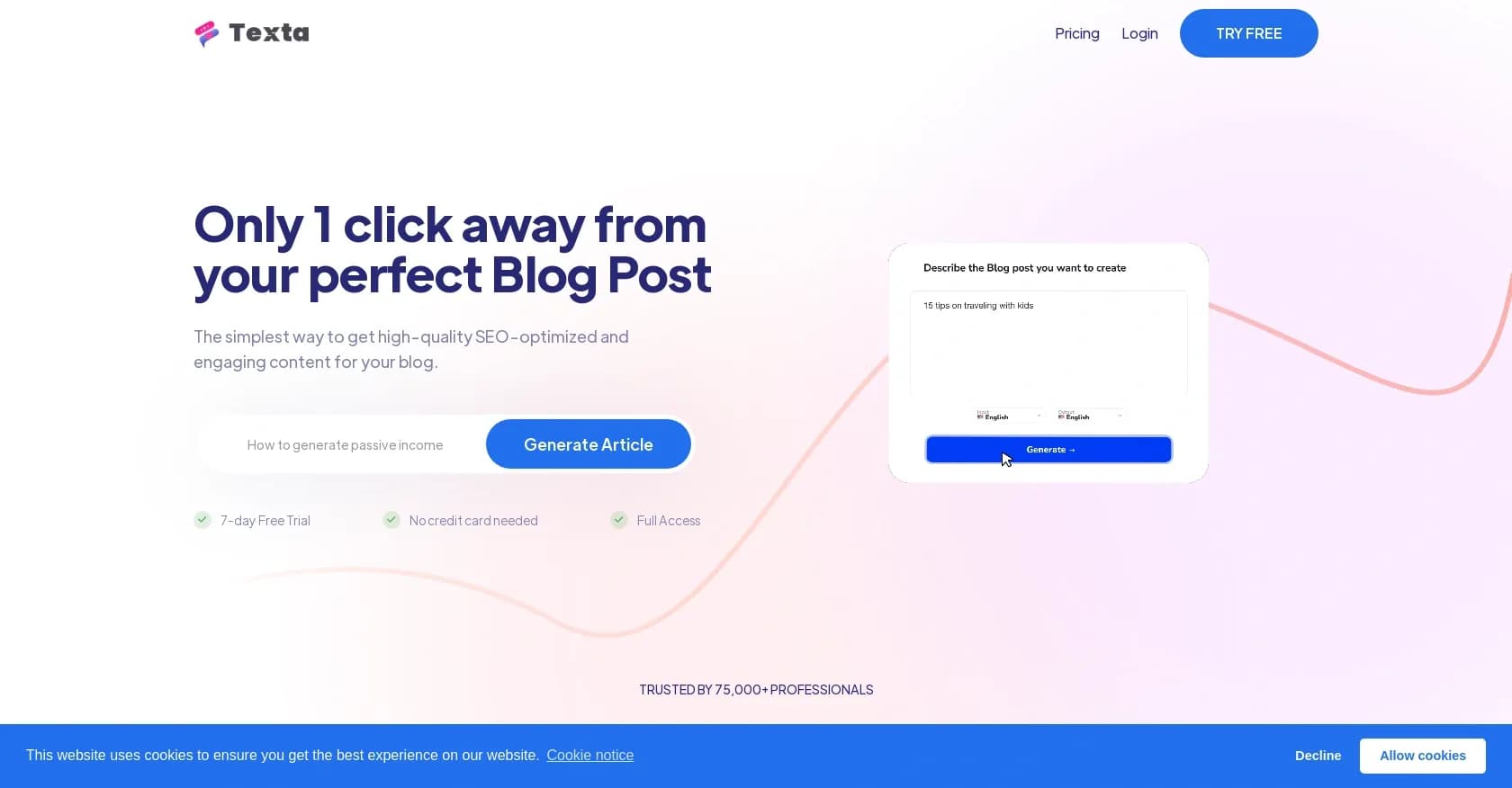 Texta homepage screenshot — Create high-quality SEO-optimized blog content in one click.