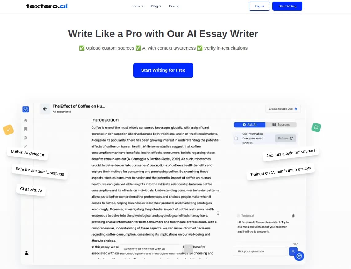 Textero AI Essay Writer homepage screenshot — Generate and edit your essays