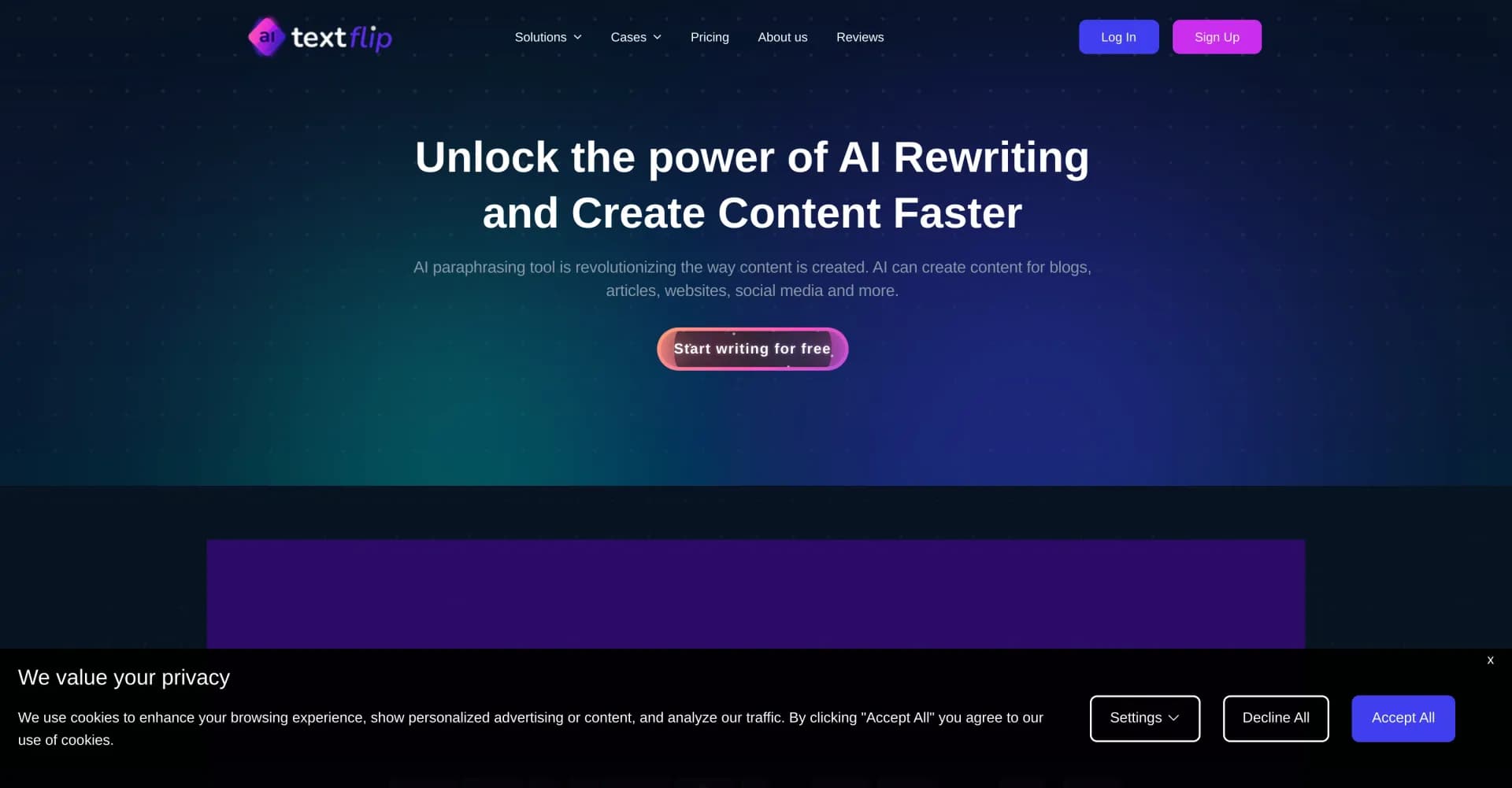 TextFlip.ai homepage screenshot — Rewrite texts for originality with AI