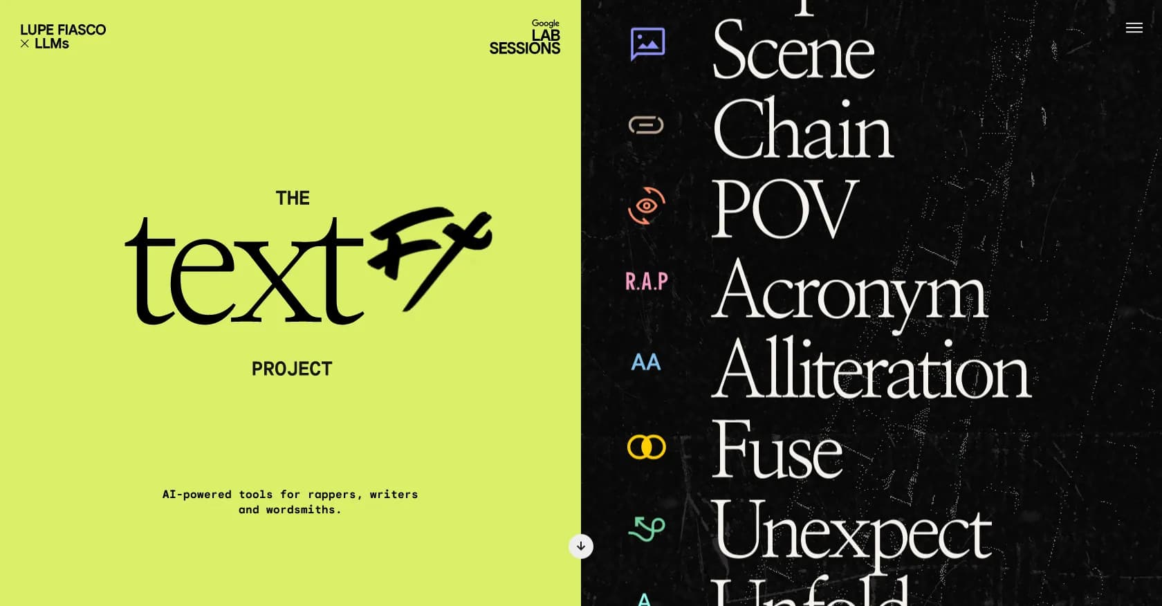 TextFX homepage screenshot — AI-powered tools to spark creative writing.