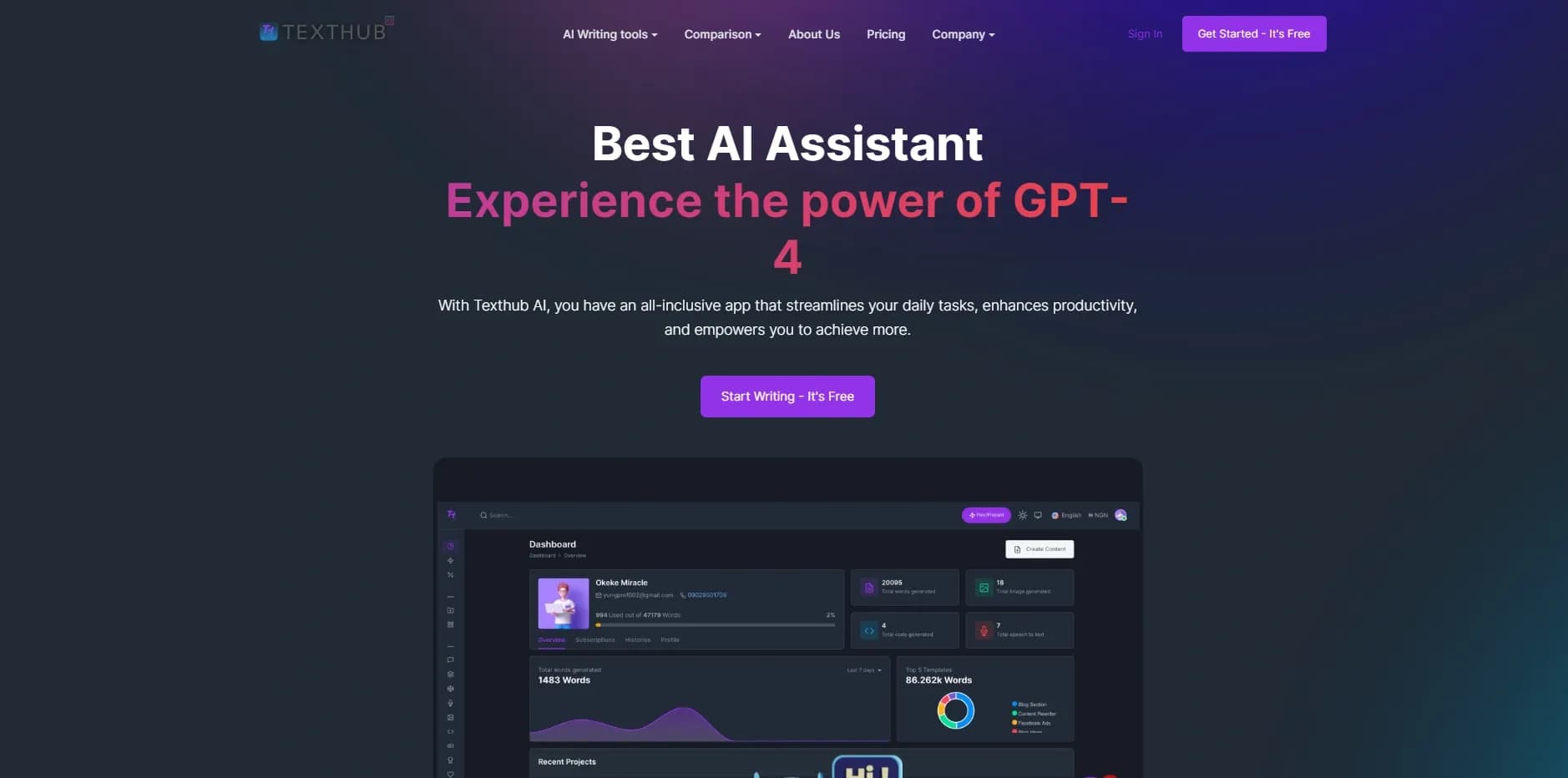 Texthub homepage screenshot — Generate code, text, and images with AI.