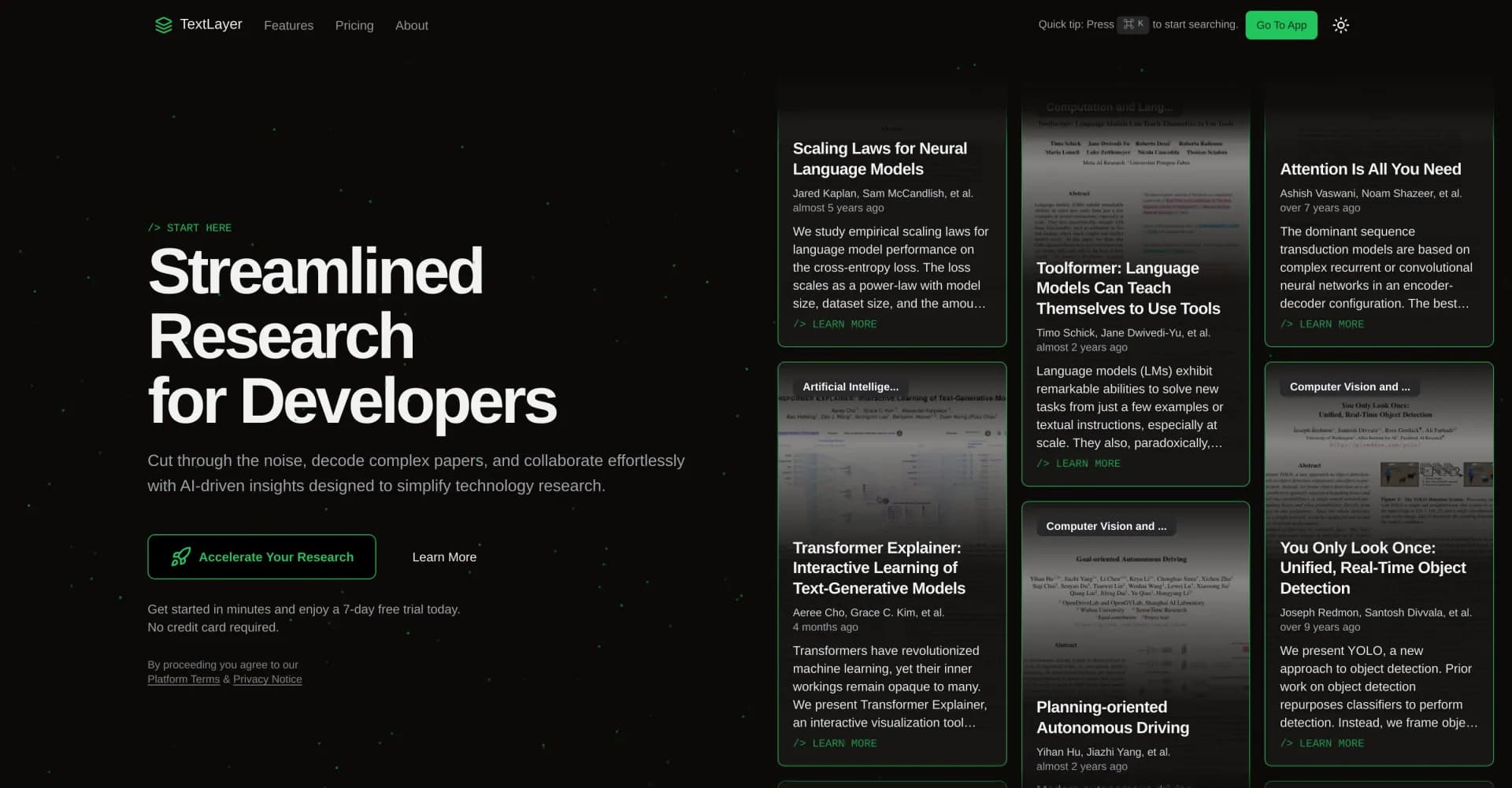 TextLayer AI homepage screenshot — Streamline tech research with AI-driven insights