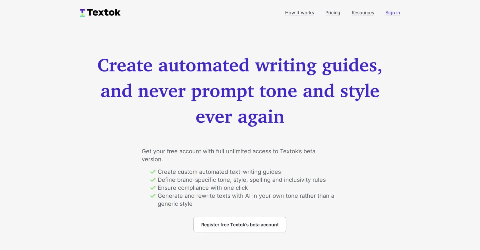Textok homepage screenshot — Automate writing guides for consistent brand tone and style.
