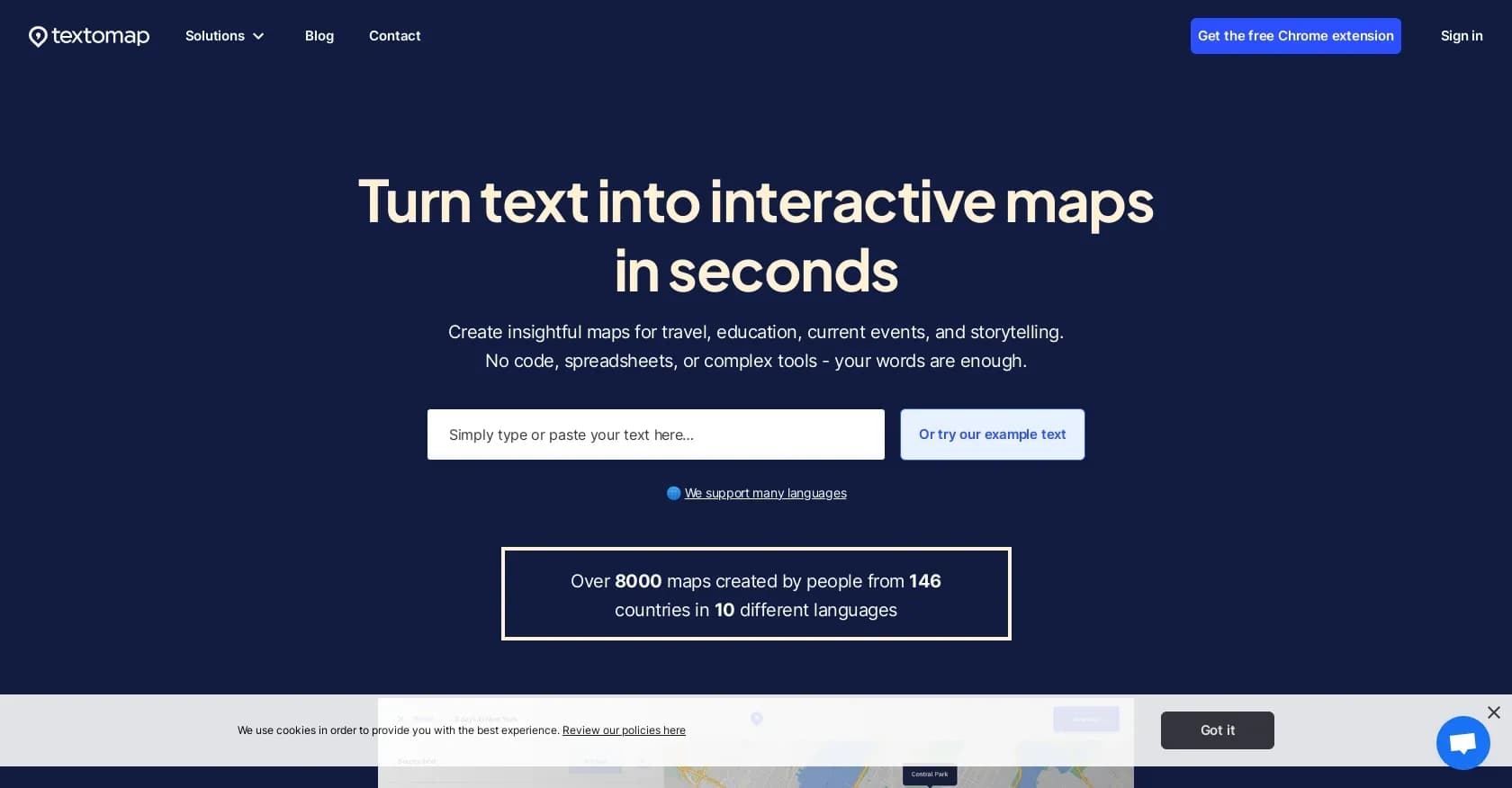 Textomap homepage screenshot — Turn text into interactive maps in seconds