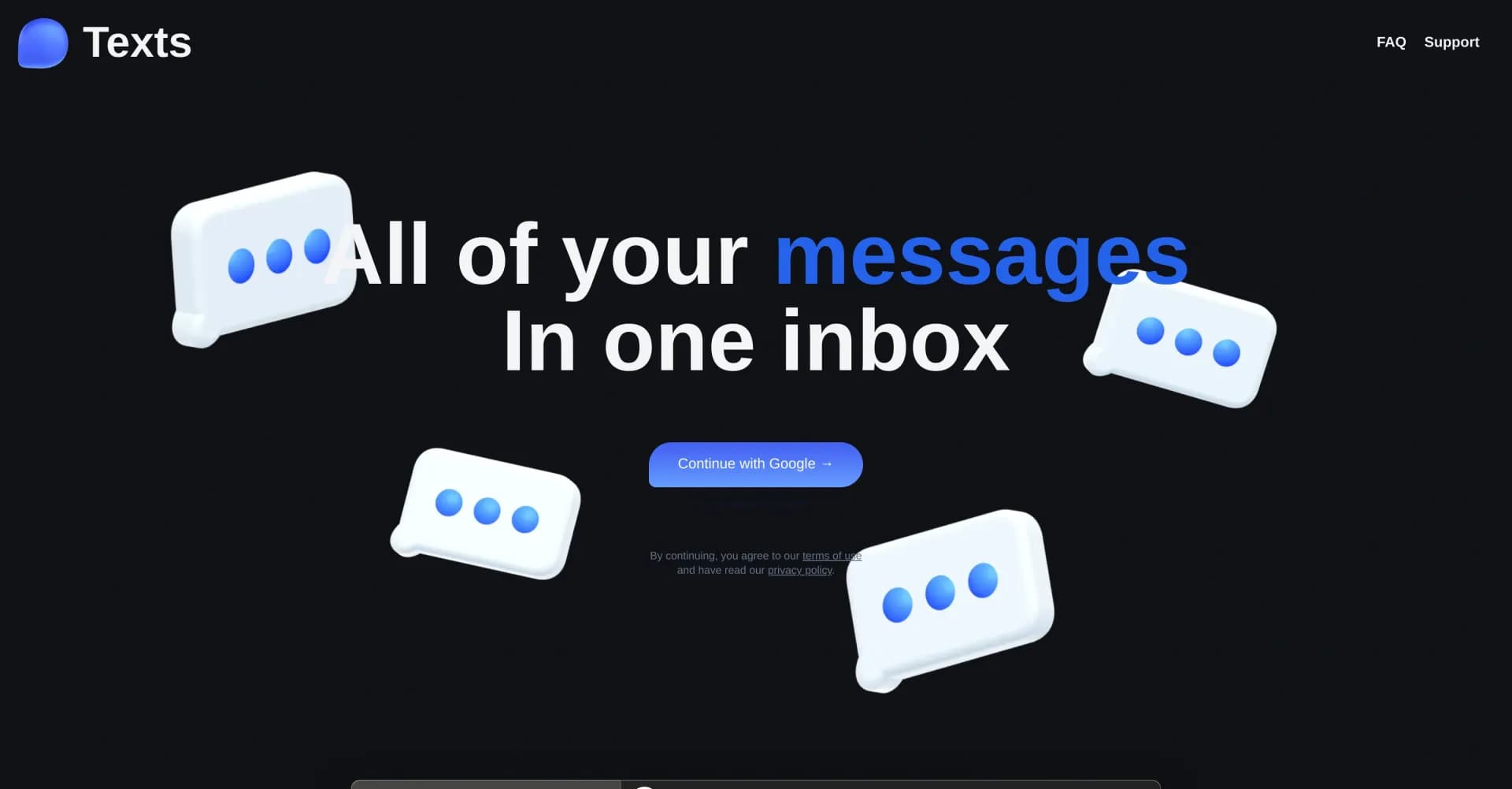 Texts.com homepage screenshot — Unify all your messages in one secure inbox.