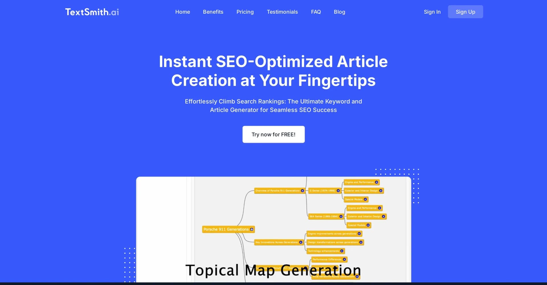 TextSmith homepage screenshot — Instant SEO success: AI-powered keyword and article creation