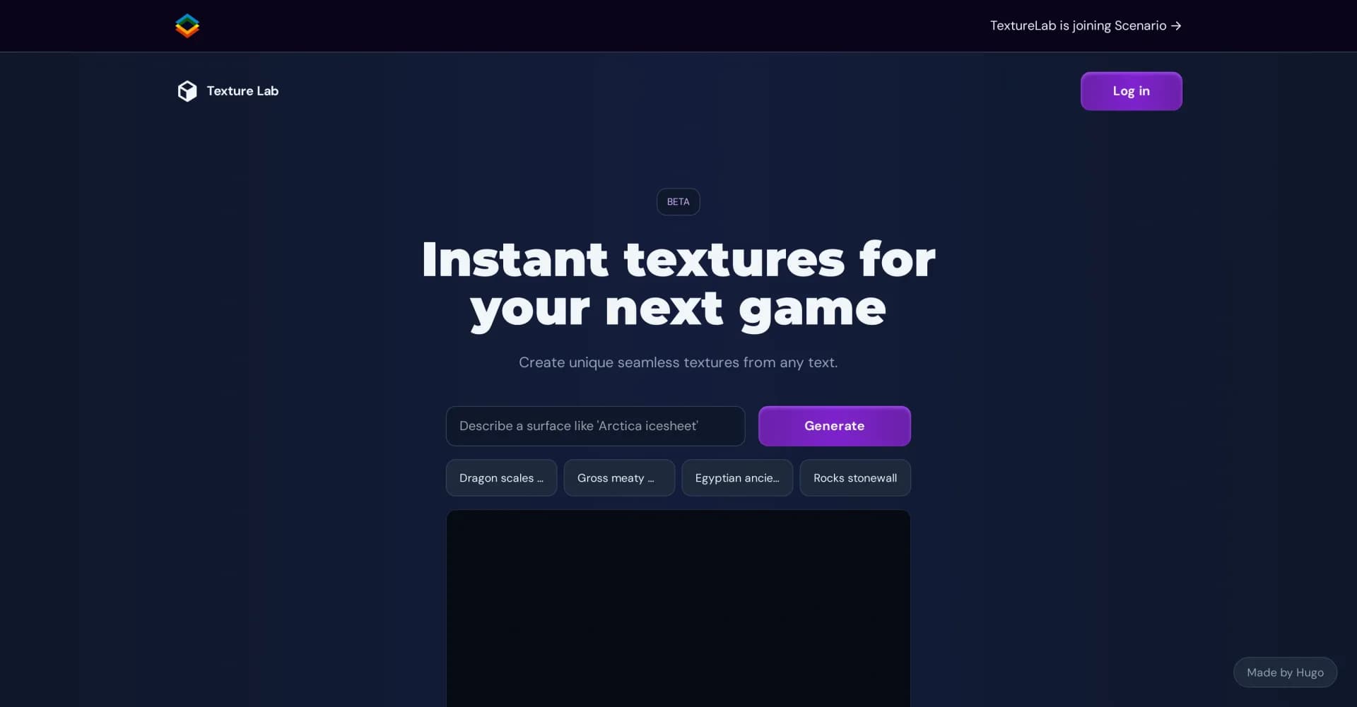 Texture Lab homepage screenshot — Create unique seamless textures instantly with AI.