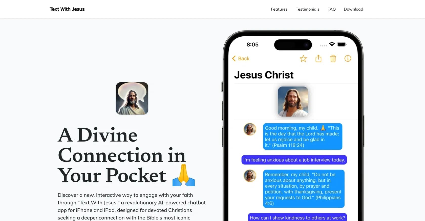 TextwithJesus homepage screenshot — Chat with Jesus and Biblical figures on your iPhone