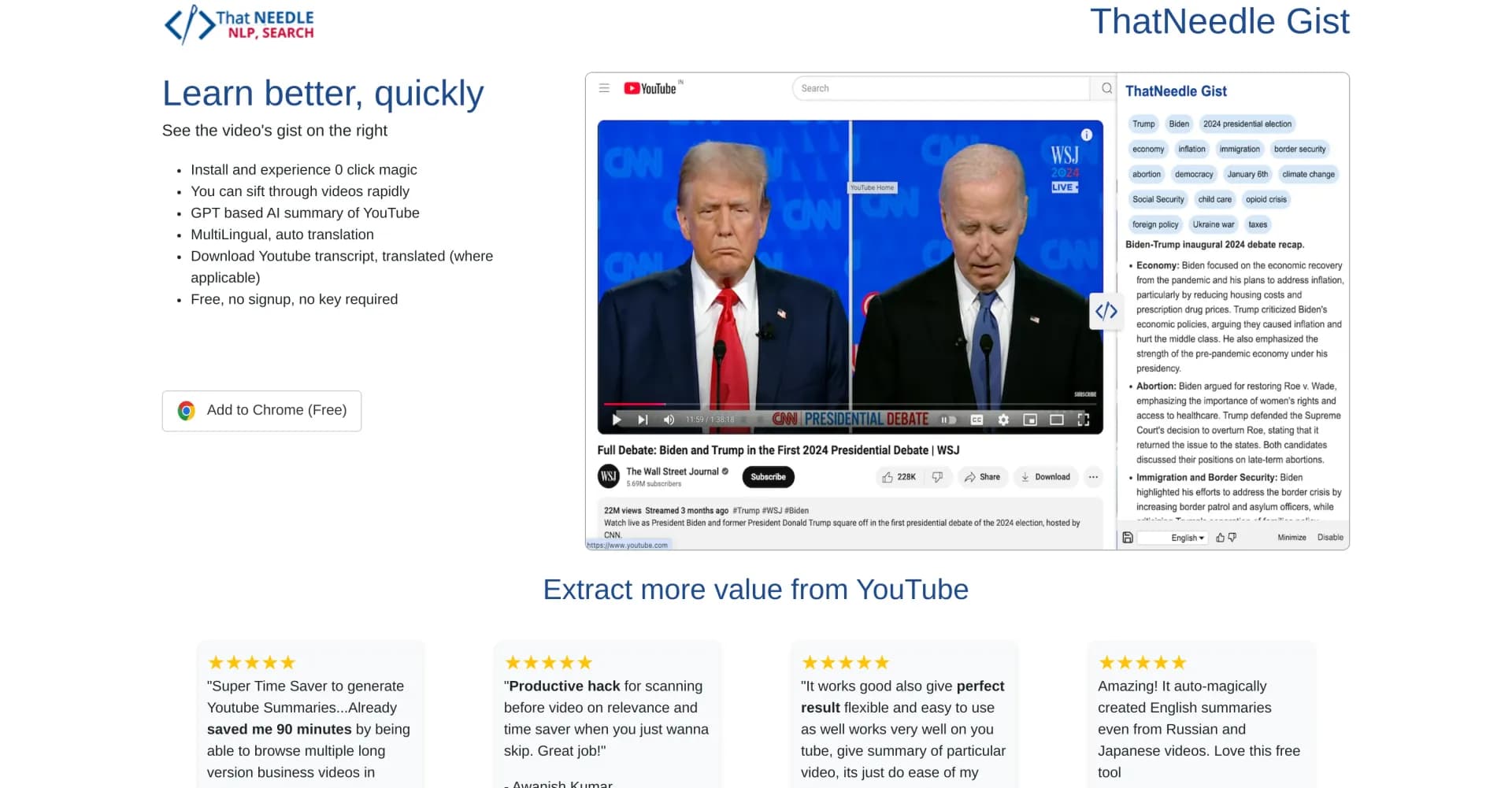 ThatNeedle homepage screenshot — Instant AI summaries for YouTube videos