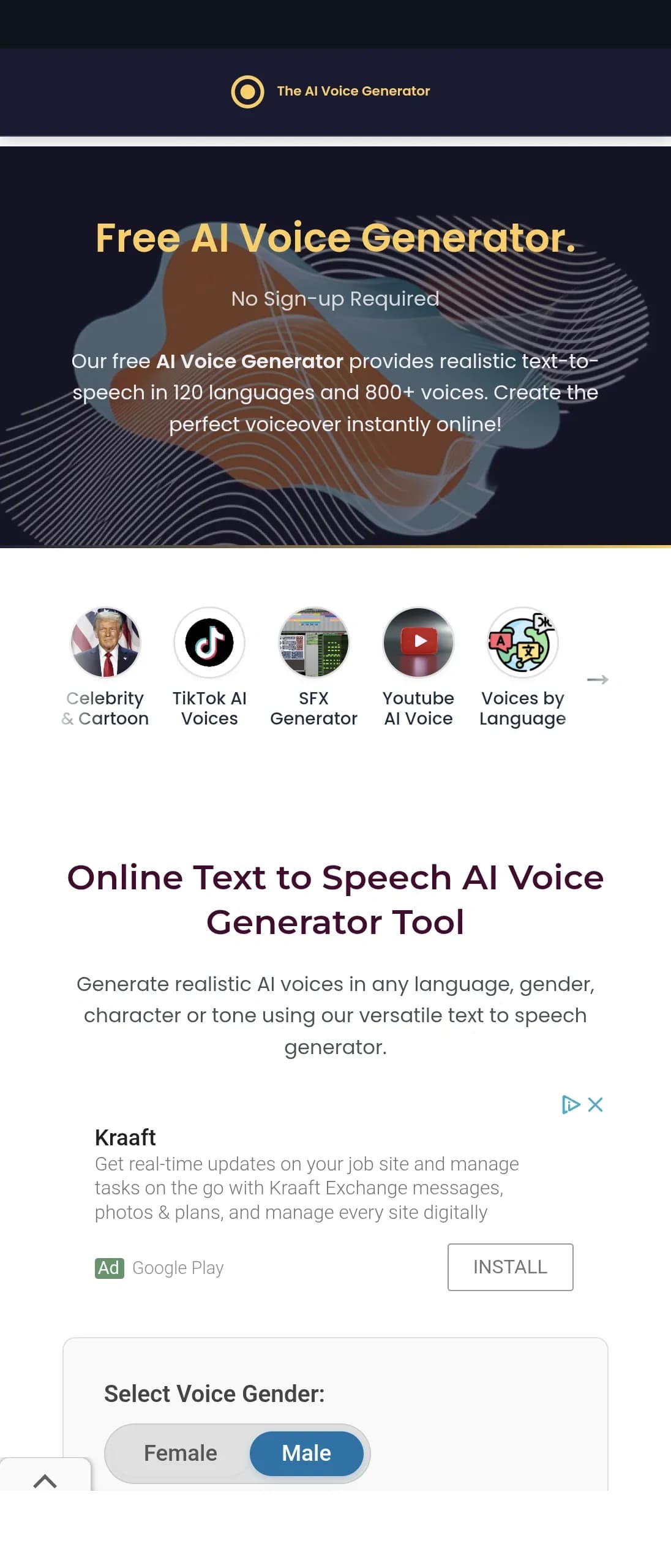 The AI Voice Generator homepage screenshot — Create Celebrity voices and voiceovers in 120 languages with