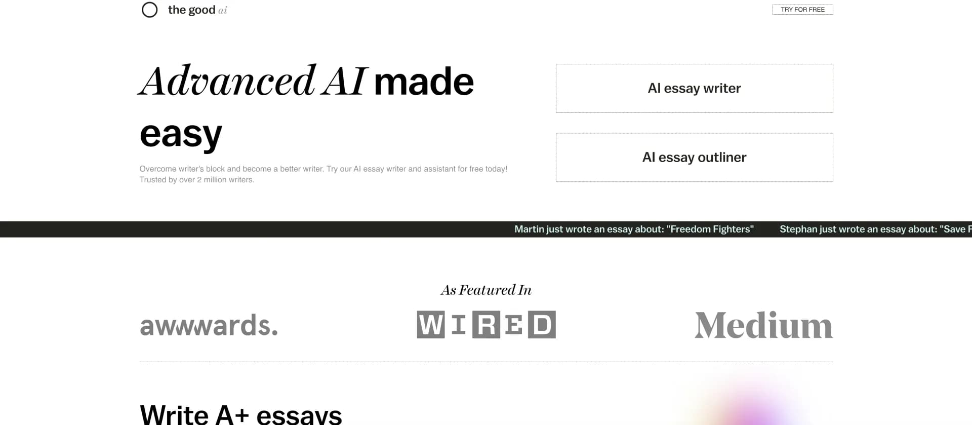 The-good-AI homepage screenshot — Write high-quality essays instantly with AI.