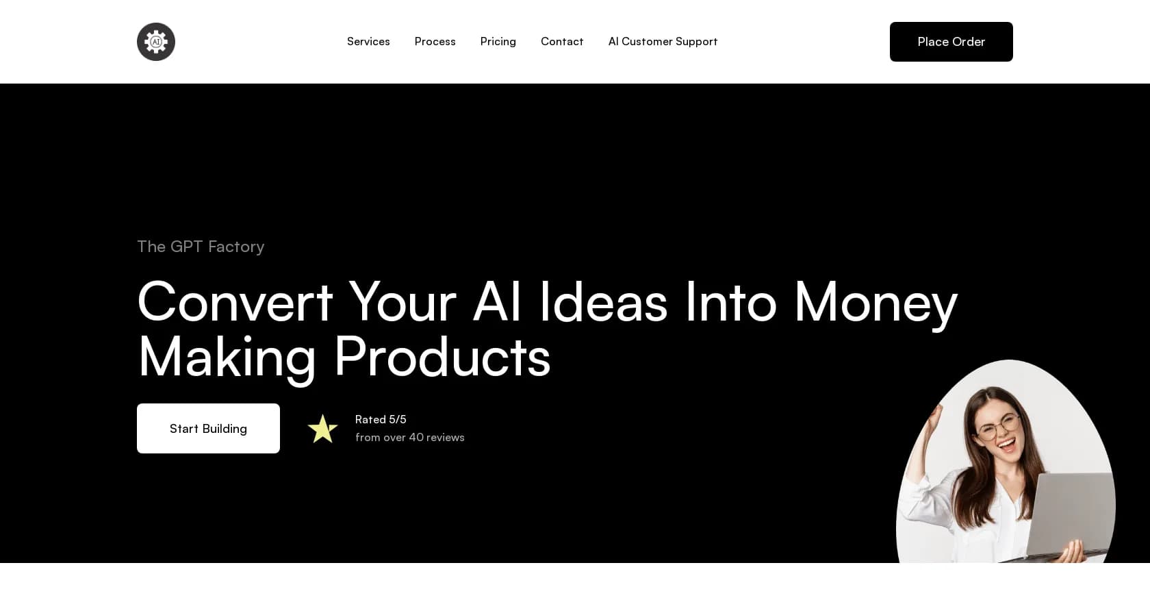 The GPT Factory homepage screenshot — Turn AI ideas into money-making products