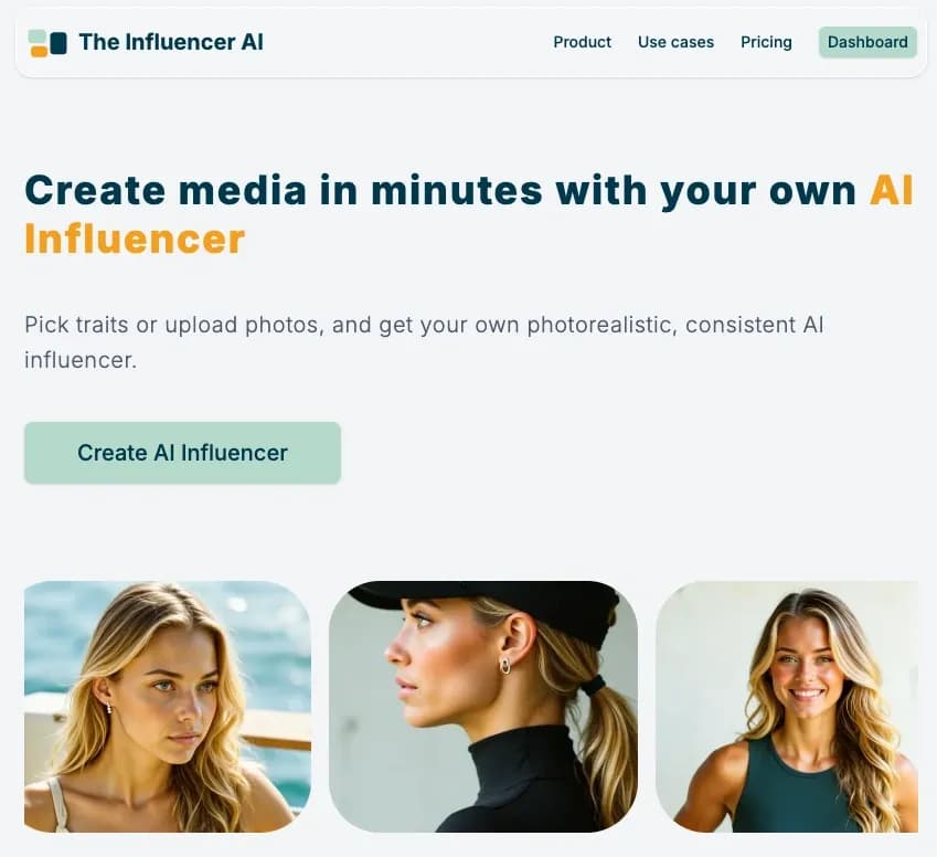 The Influencer AIv1.2.0 homepage screenshot — Create your own consistent AI influencer in minutes.