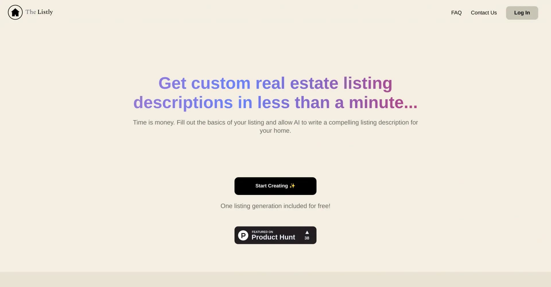 The Listly homepage screenshot — AI-powered real estate descriptions in minutes