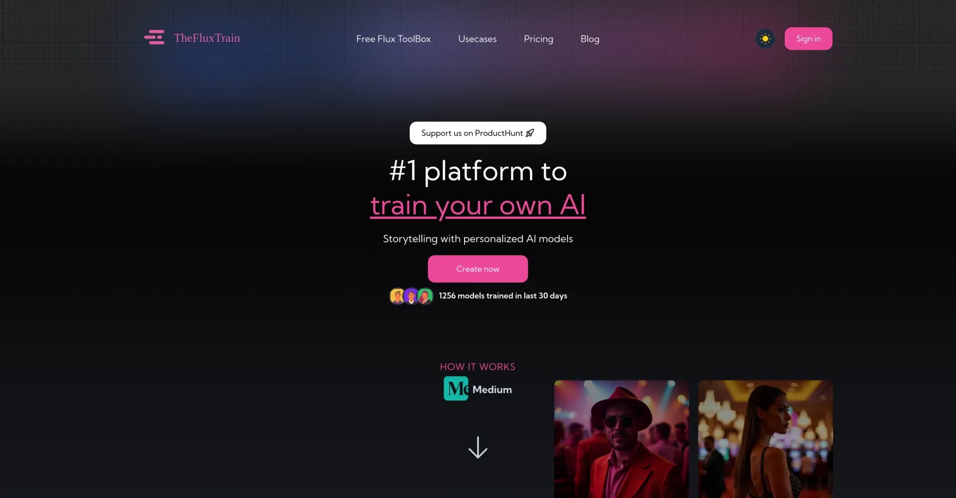 TheFluxTrainv2.0.0 homepage screenshot — Train image AI models with your own data.