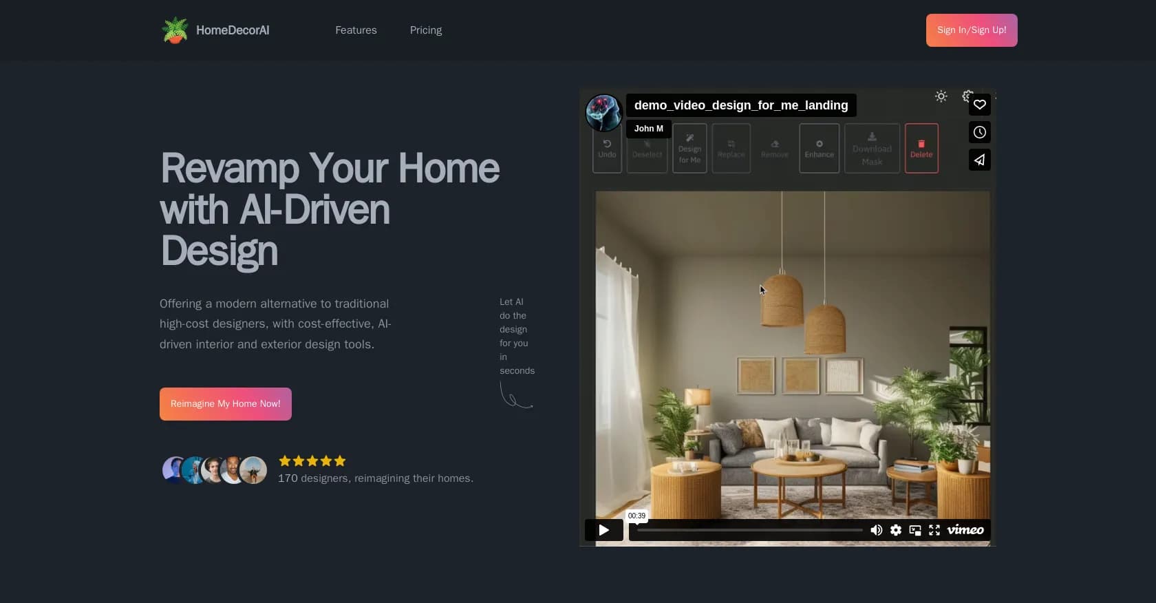 TheHomeDecorAI homepage screenshot — AI-powered home design without designer costs