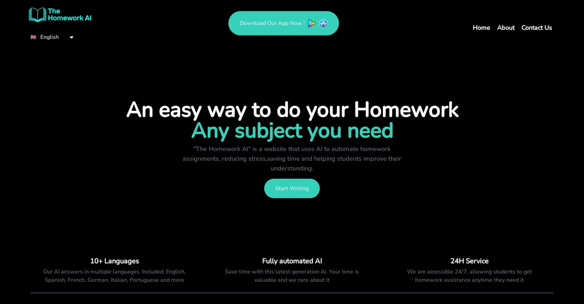 TheHomeworkAI homepage screenshot — AI-powered homework automation to save time and reduce stres