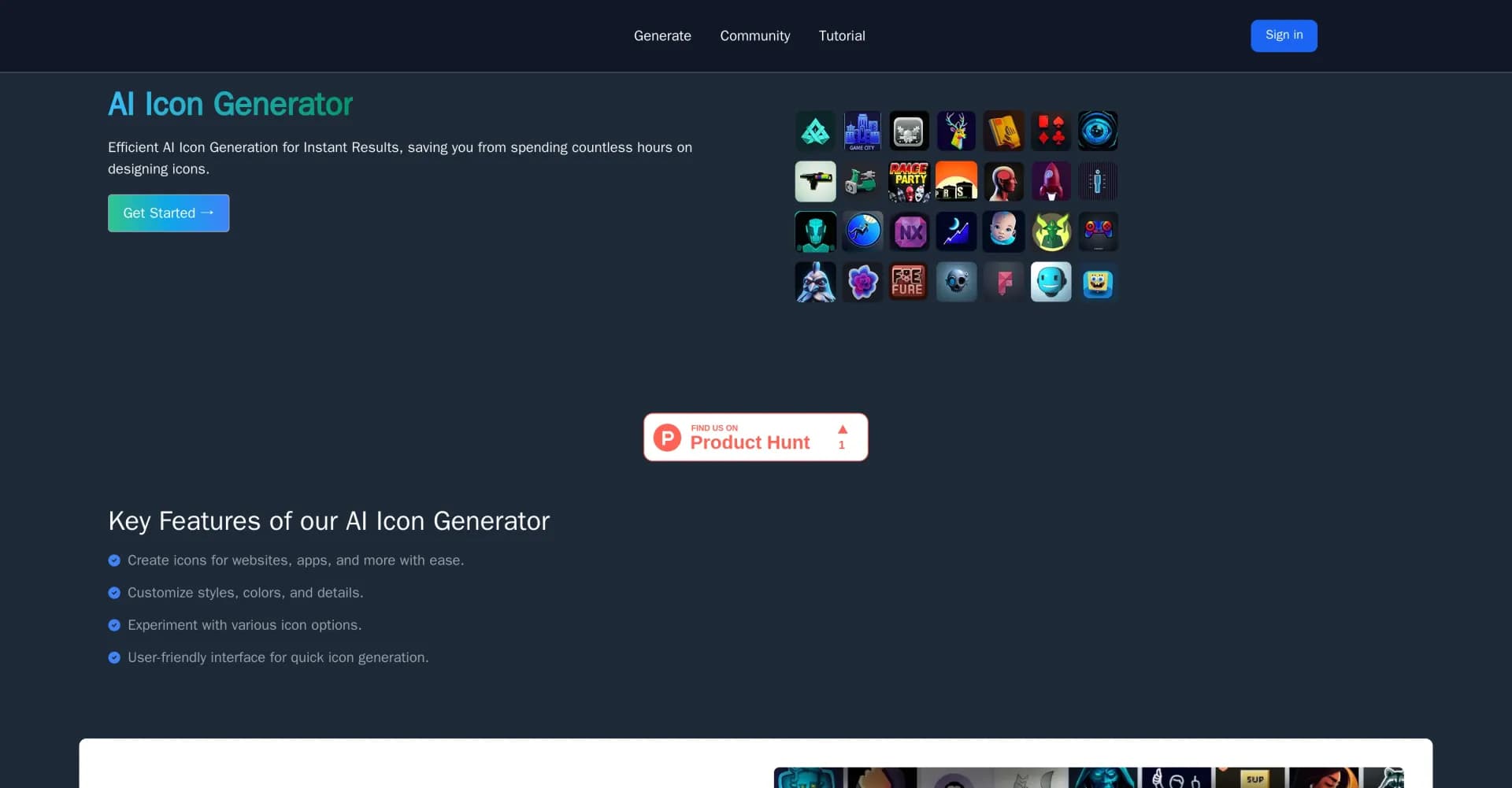 Theme Butler homepage screenshot — Generate custom icons effortlessly with AI.