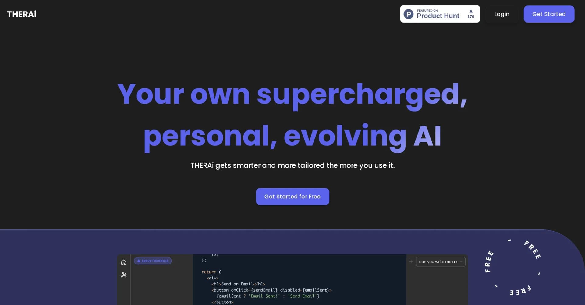 THERAi homepage screenshot — Your personal AI that evolves with you