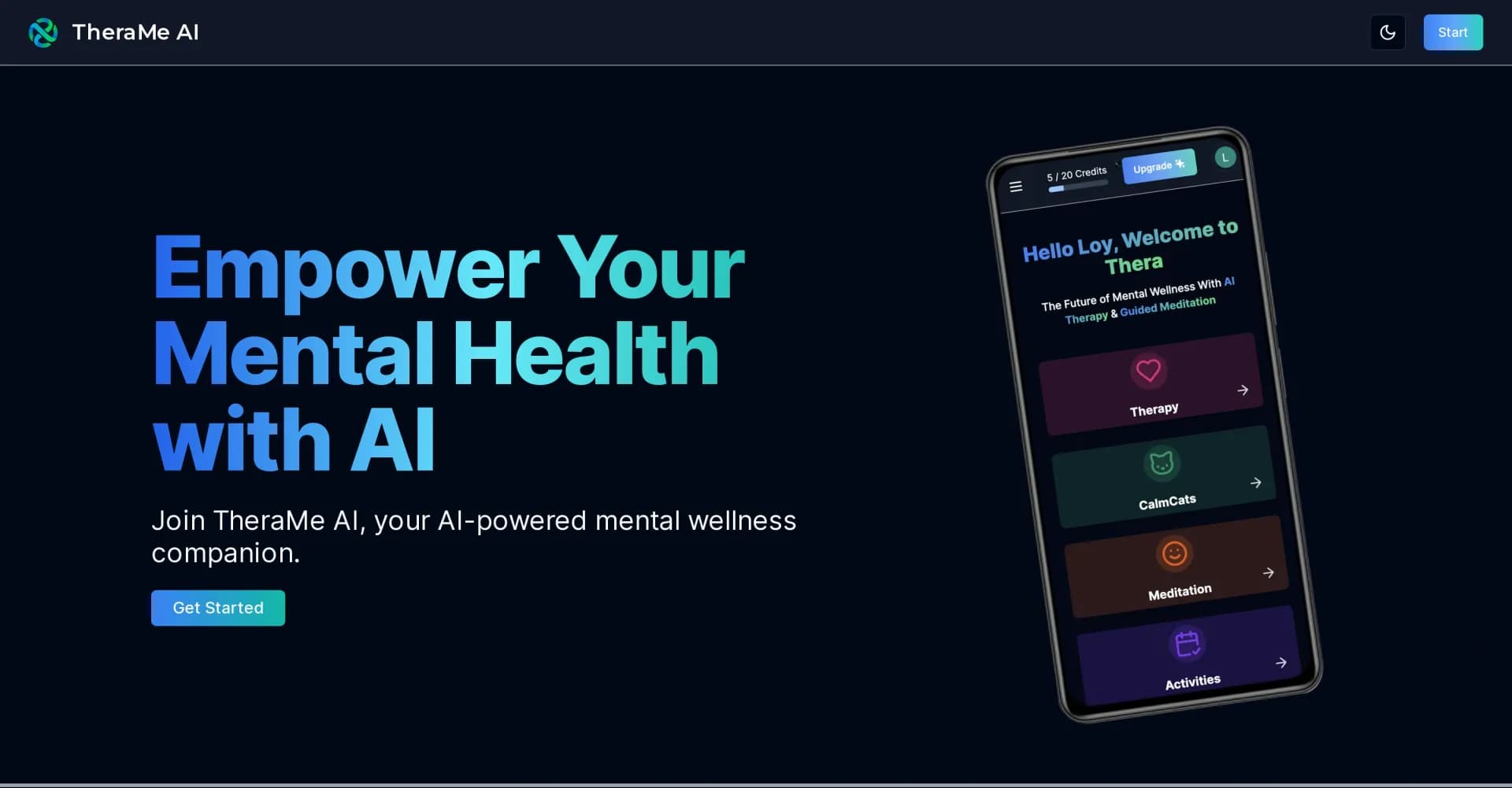 TheraMe homepage screenshot — Your AI-powered mental wellness companion