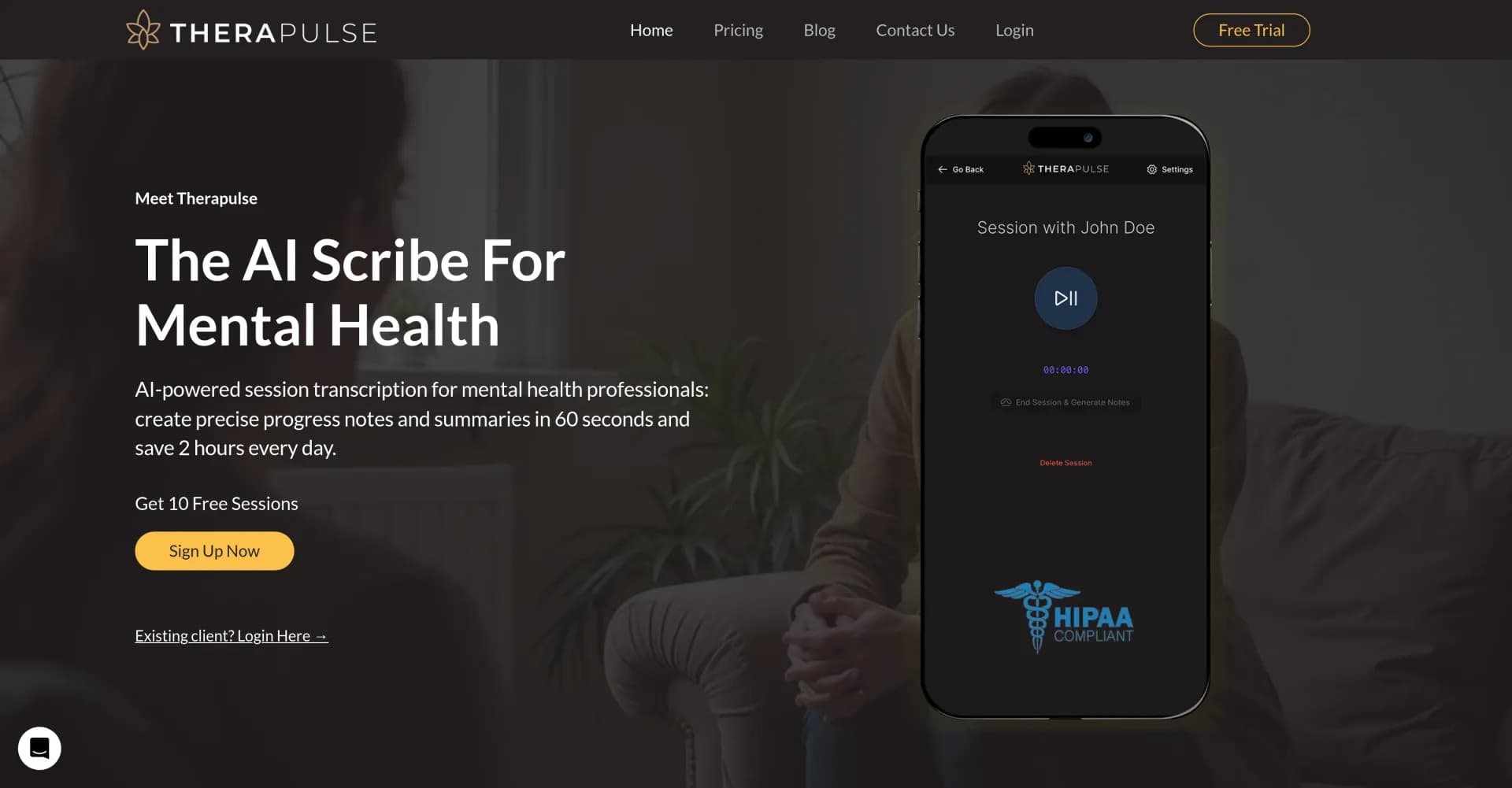 TheraPulse homepage screenshot — AI scribe for mental health: Notes in 60 seconds.
