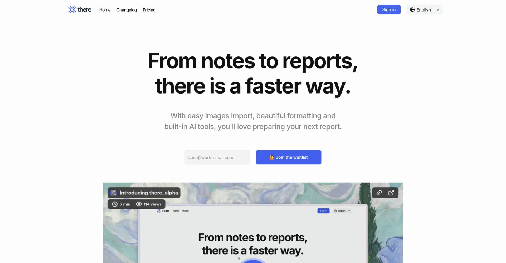 There homepage screenshot — Create AI-powered reports with ease.