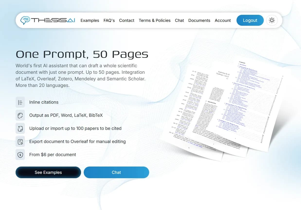 ThesisAI homepage screenshot — Write 50 pages with just one prompt