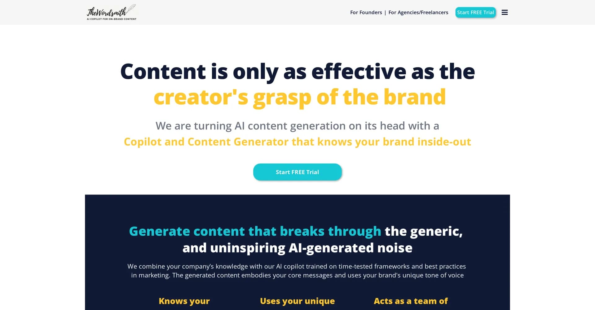 TheWordsmith.ai homepage screenshot — AI copilot for unique, on-brand content creation