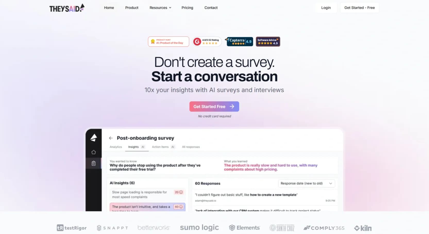 TheySaid homepage screenshot — Conversational AI surveys, interviews, user tests, polls