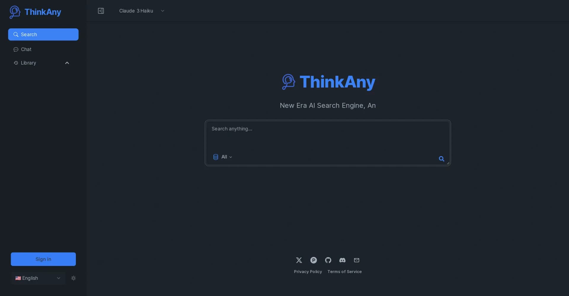 ThinkAny - AI Search Engine homepage screenshot — AI-powered search for intelligent answers.