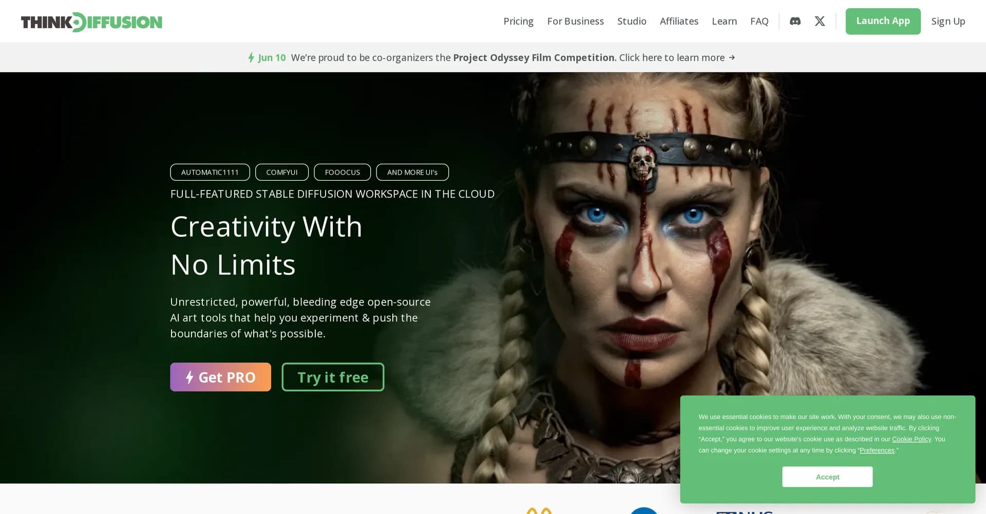 ThinkDiffusion homepage screenshot — Use the most powerful Stable Diffusion UI in under 90 second