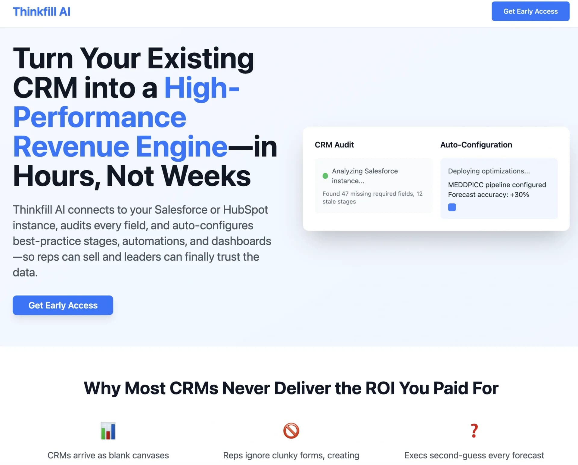 Thinkfill AI – The CRM Auto-Optimizerv1.1 homepage screenshot — Automatically configure and optimize Salesforce & HubSpot CR