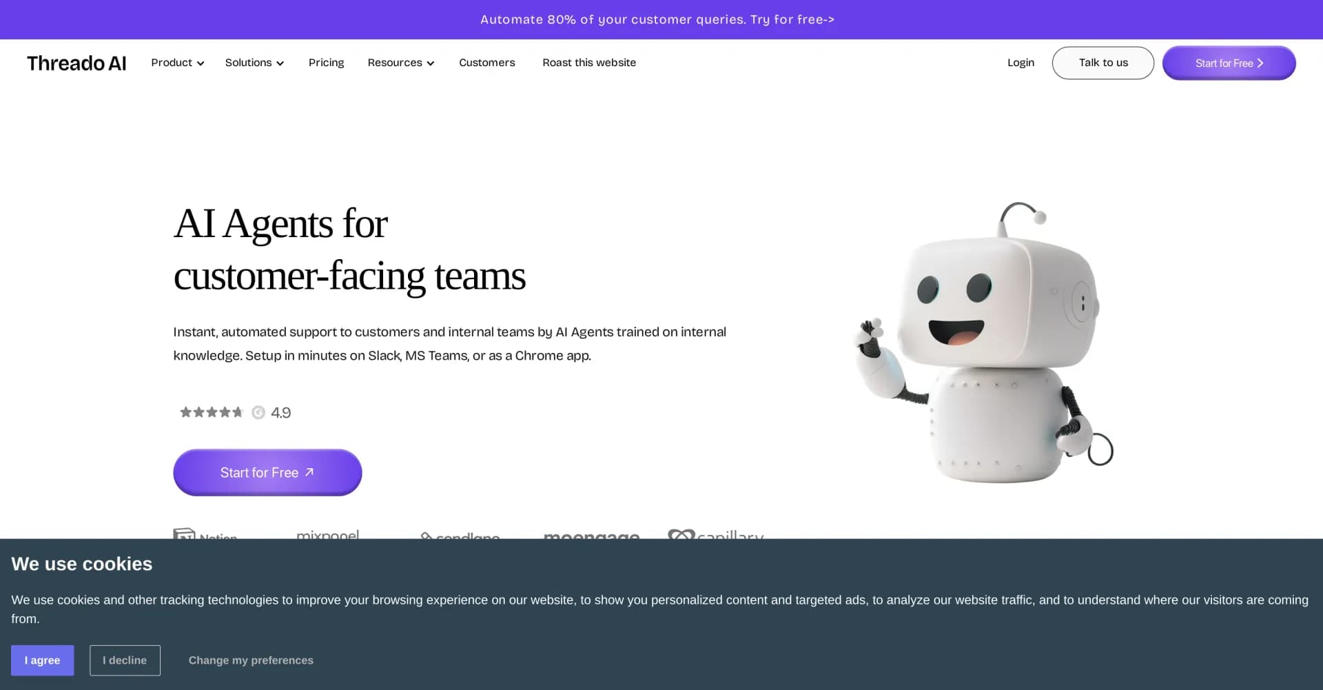 Threado AI homepage screenshot — AI Agents: Instant, automated support for customer-facing te