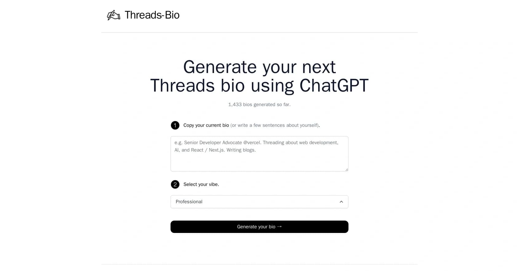 Threads Bio homepage screenshot — Generate catchy Threads bios instantly.