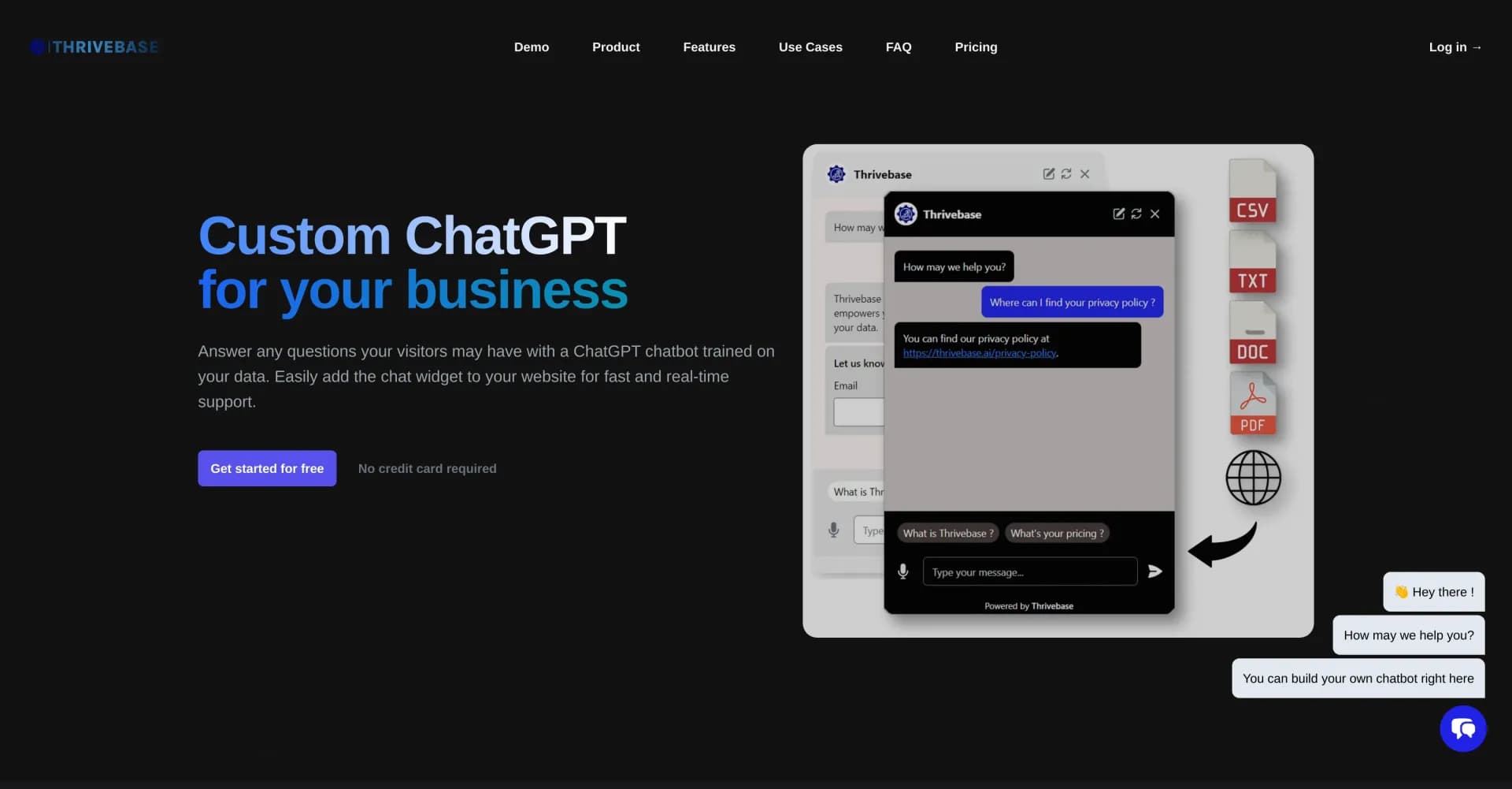 Thrivebase homepage screenshot — Automate customer support with AI chatbots trained on your d