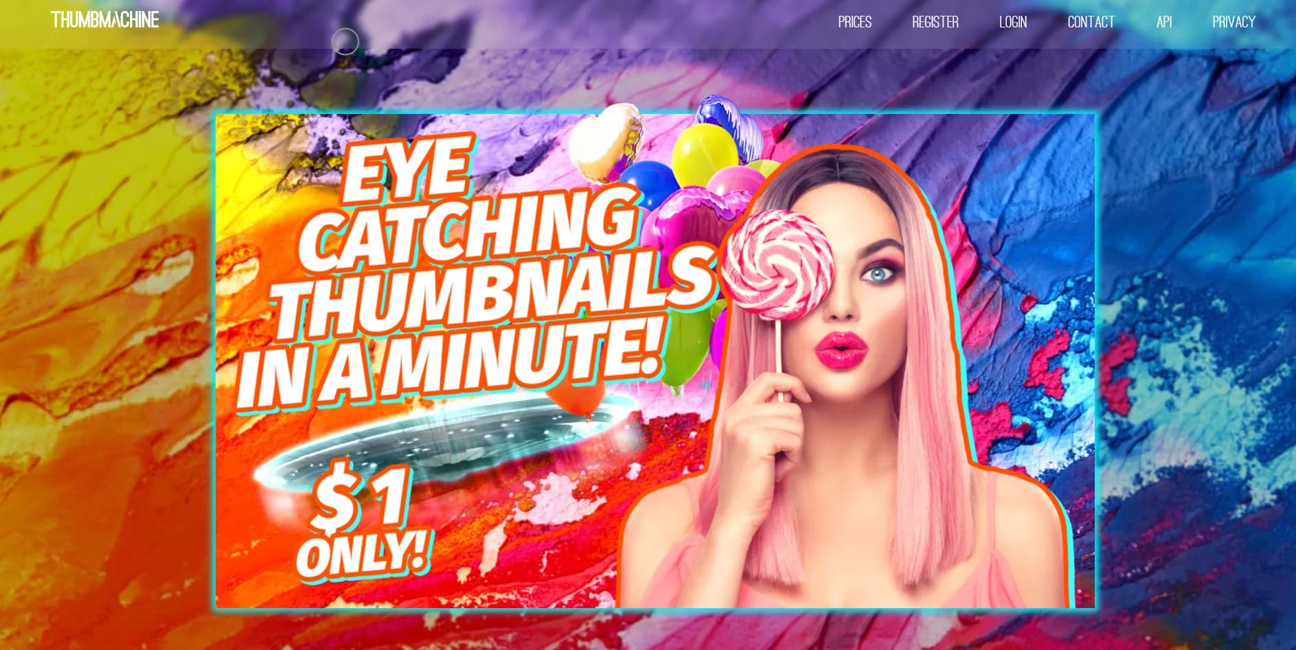 Thumbmachine homepage screenshot — Create eye-catching YouTube thumbnails in minutes.