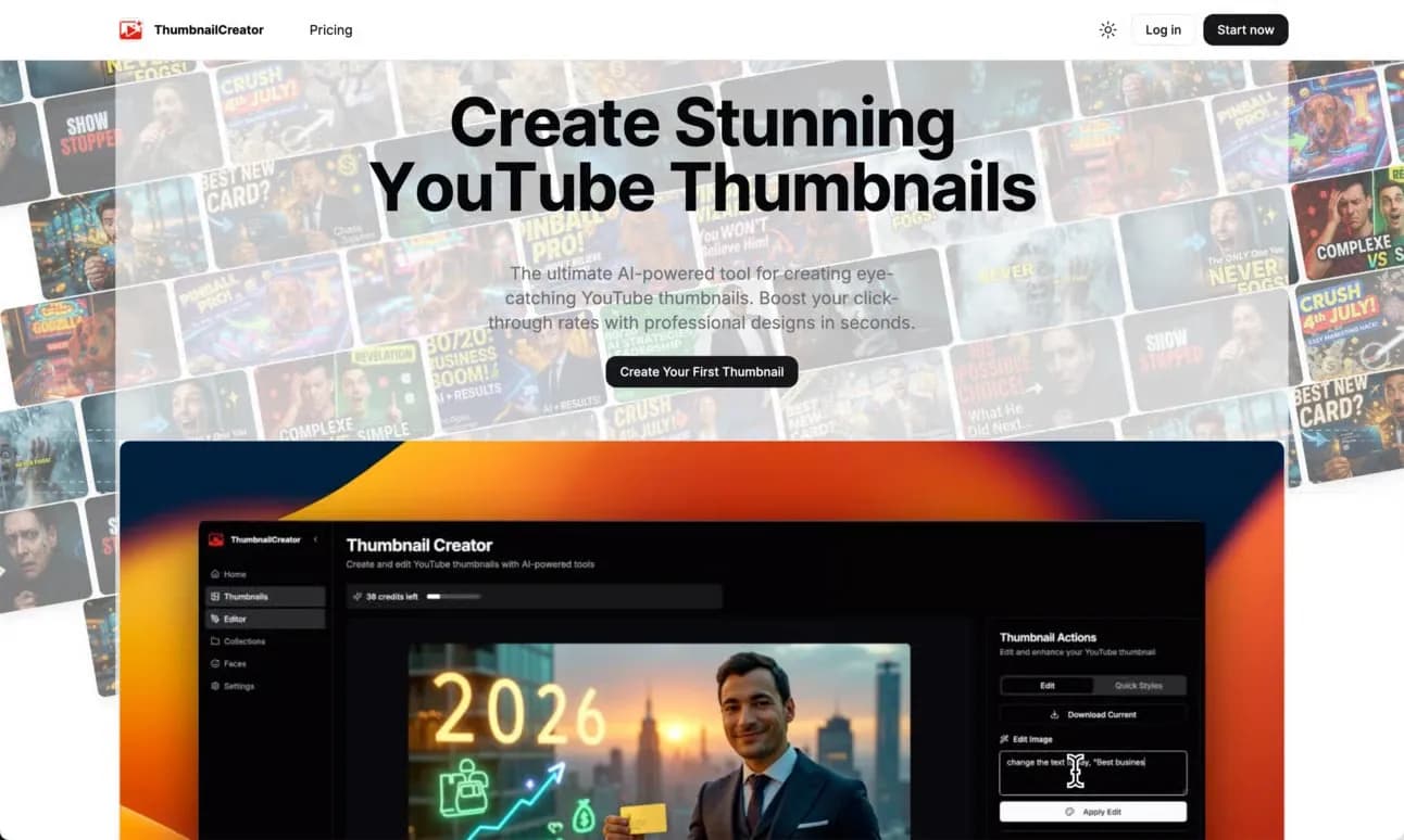 ThumbnailCreator.comv1.2 homepage screenshot — Create eye-catching YouTube thumbnails in seconds.