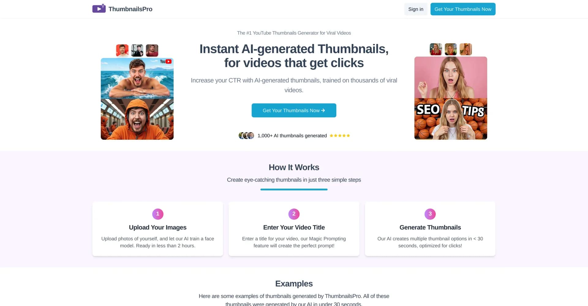 ThumbnailsPro homepage screenshot — Create viral YouTube thumbnails with AI in seconds.