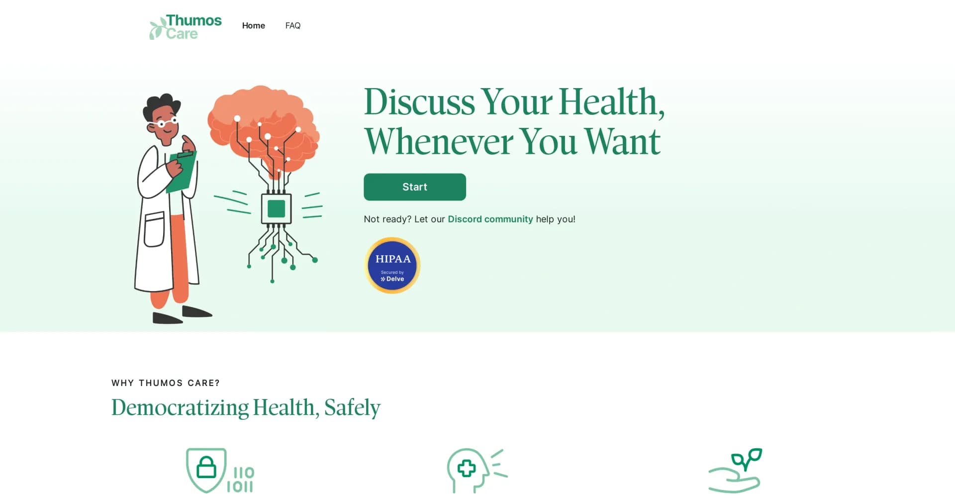 Thumos Care homepage screenshot — Private health discussions with AI-powered experts