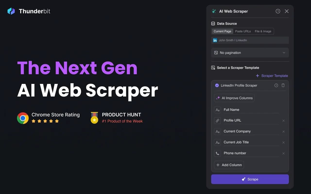 Thunderbit homepage screenshot — Scrape leads & other data in just 2-clicks.
