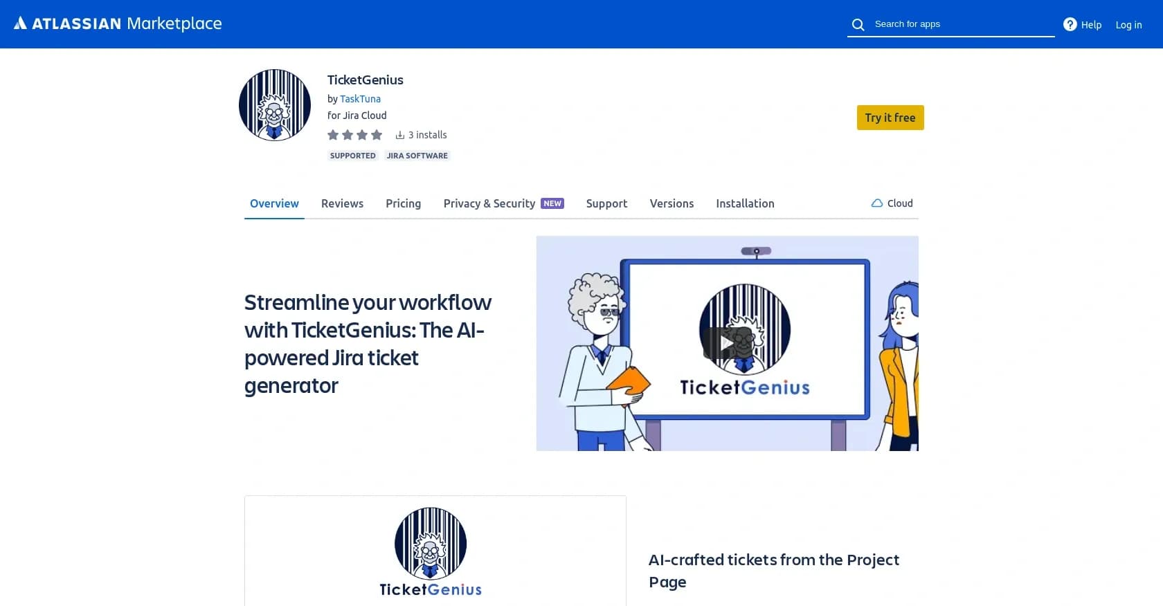 TicketGenius homepage screenshot — AI-powered Jira ticket generator for streamlined workflows