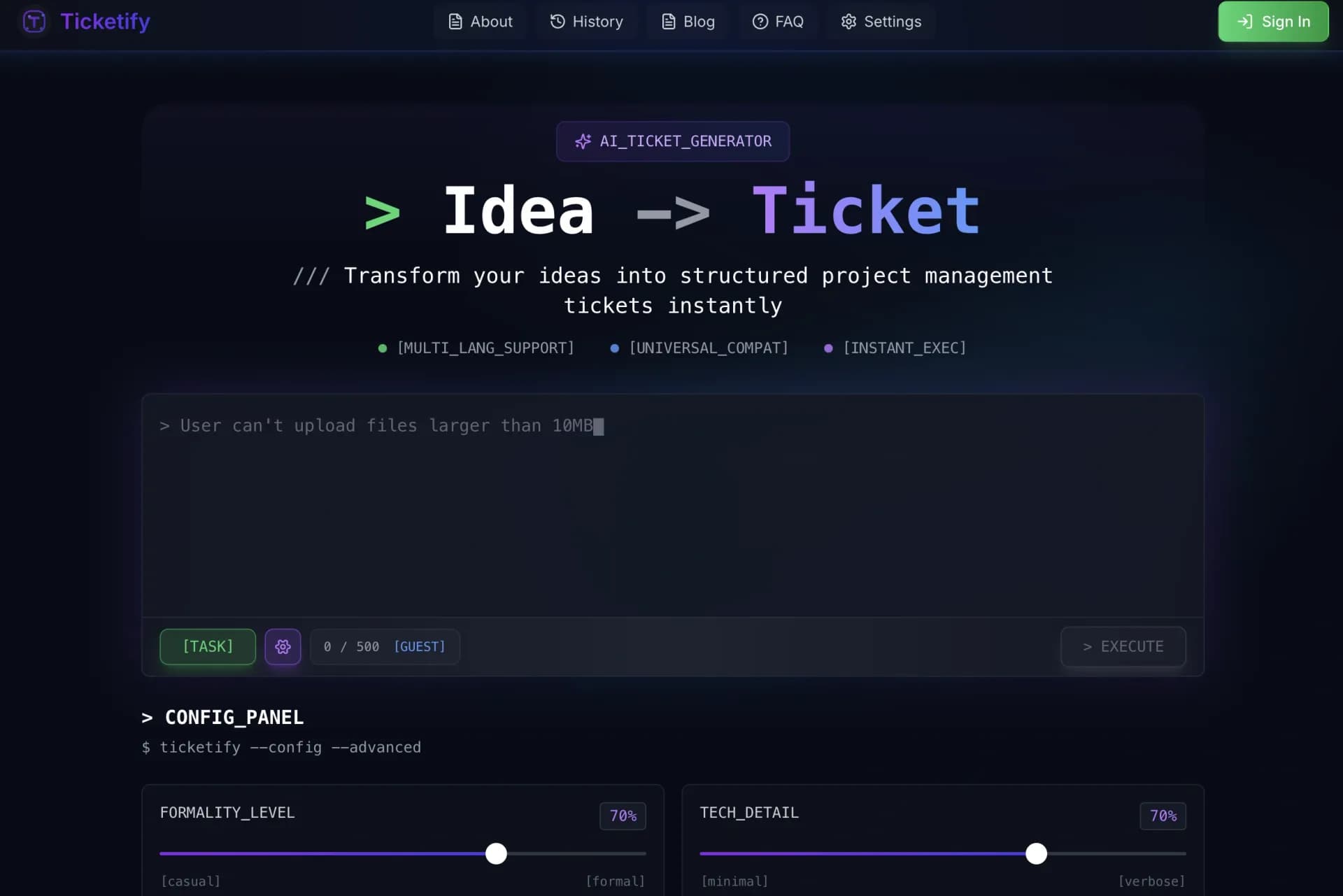 Ticketify homepage screenshot — AI-powered ticket creation for developers.