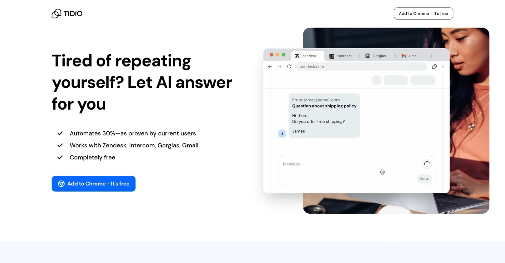 Tidio Copilot homepage screenshot — Let AI answer for you, automating 30% of support tasks.