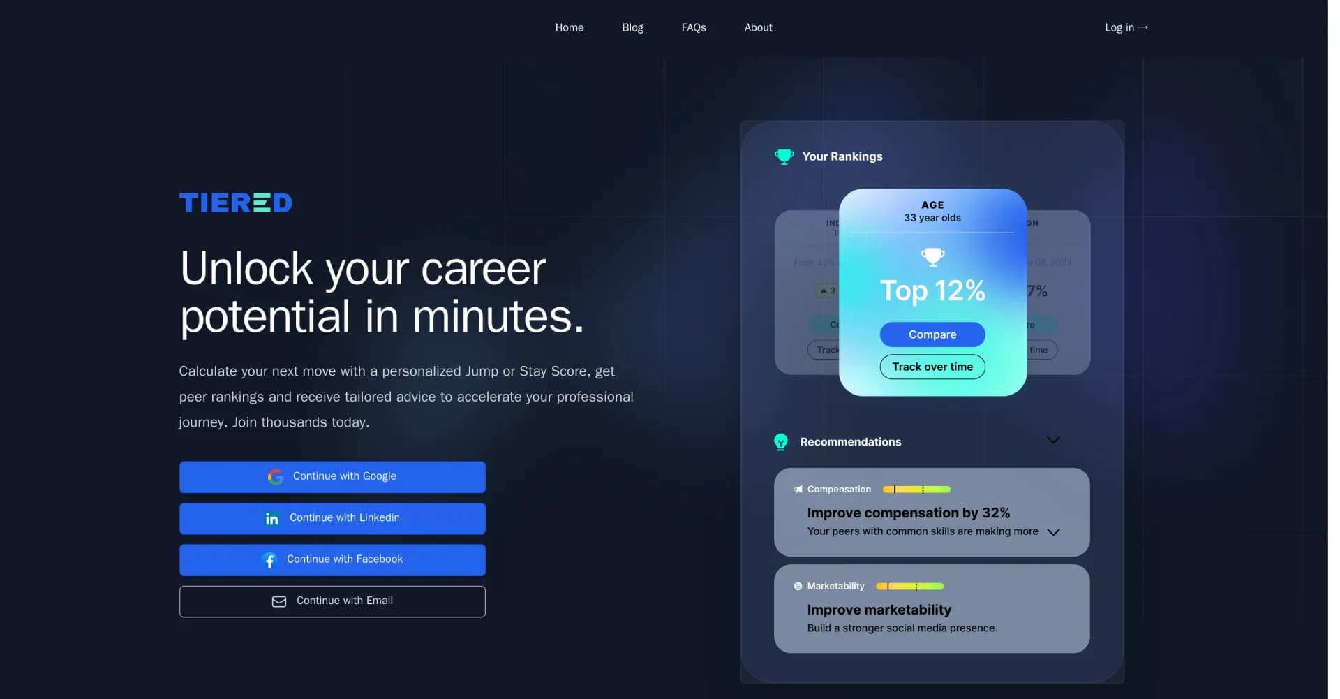 Tiered homepage screenshot — The first-ever AI driven career coach.