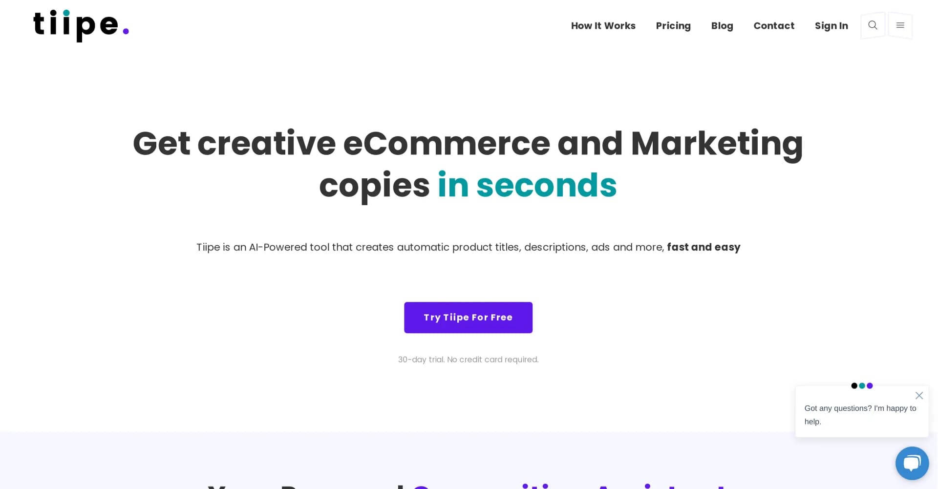 Tiipe homepage screenshot — AI-powered copywriting for eCommerce and marketing, fast and