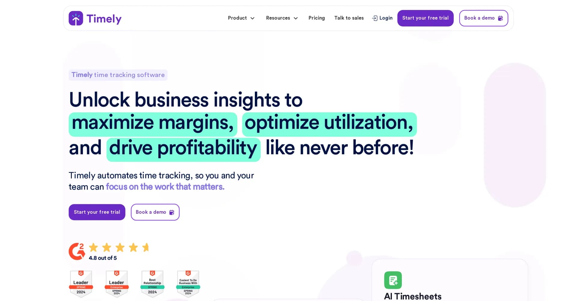 Timely homepage screenshot — AI-powered time tracking for teams.